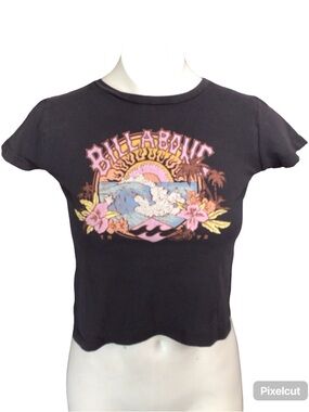 Billabong Black Crop Tee with Pink & Yellow Surf Graphic